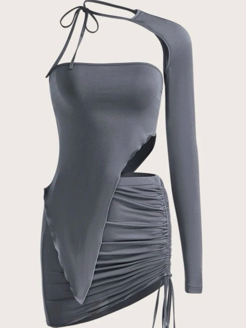 Asymmetric One-Shoulder Ruched Mini Dress - Gray